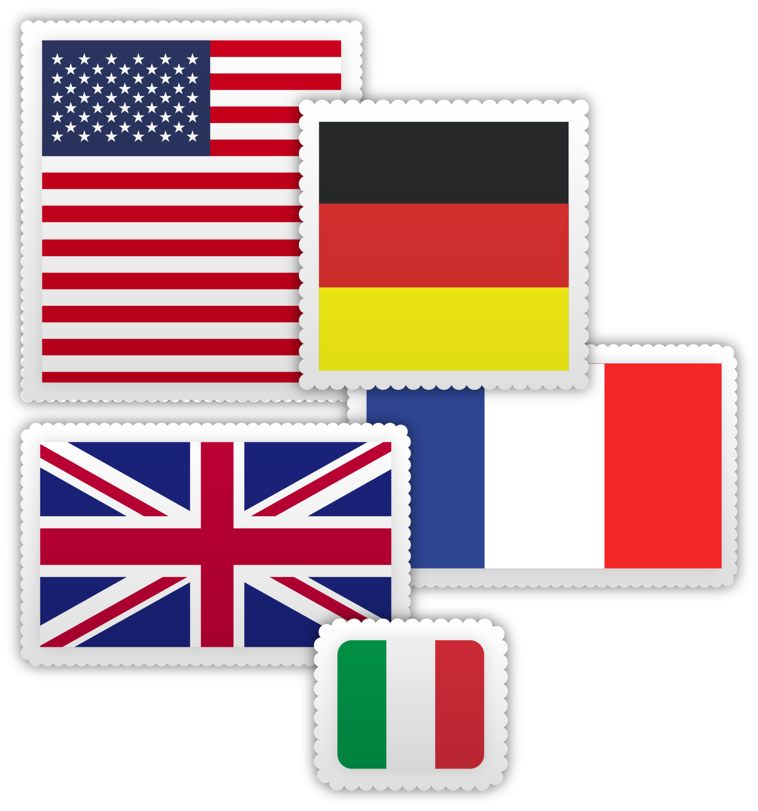 Sellos postales con las banderas de Estados Unidos, Alemania, Francia, Reino Unido e Italia